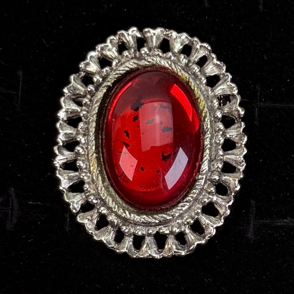 Vintage Aged Silvertone and Red Brooch